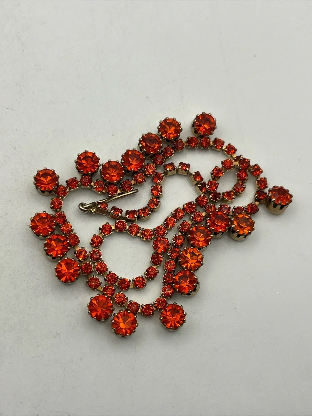 Orange rhinestone tennis necklace gold tone vintage sparkly